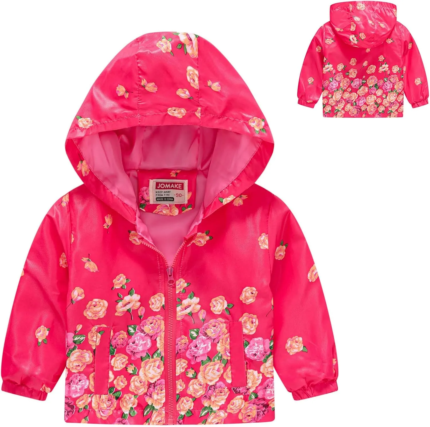 Toddler Girls Boys Flower Print Zip Hooded Jacket Kids Trench Rain Jacket Outerwear Lightweight Windbreaker Coat