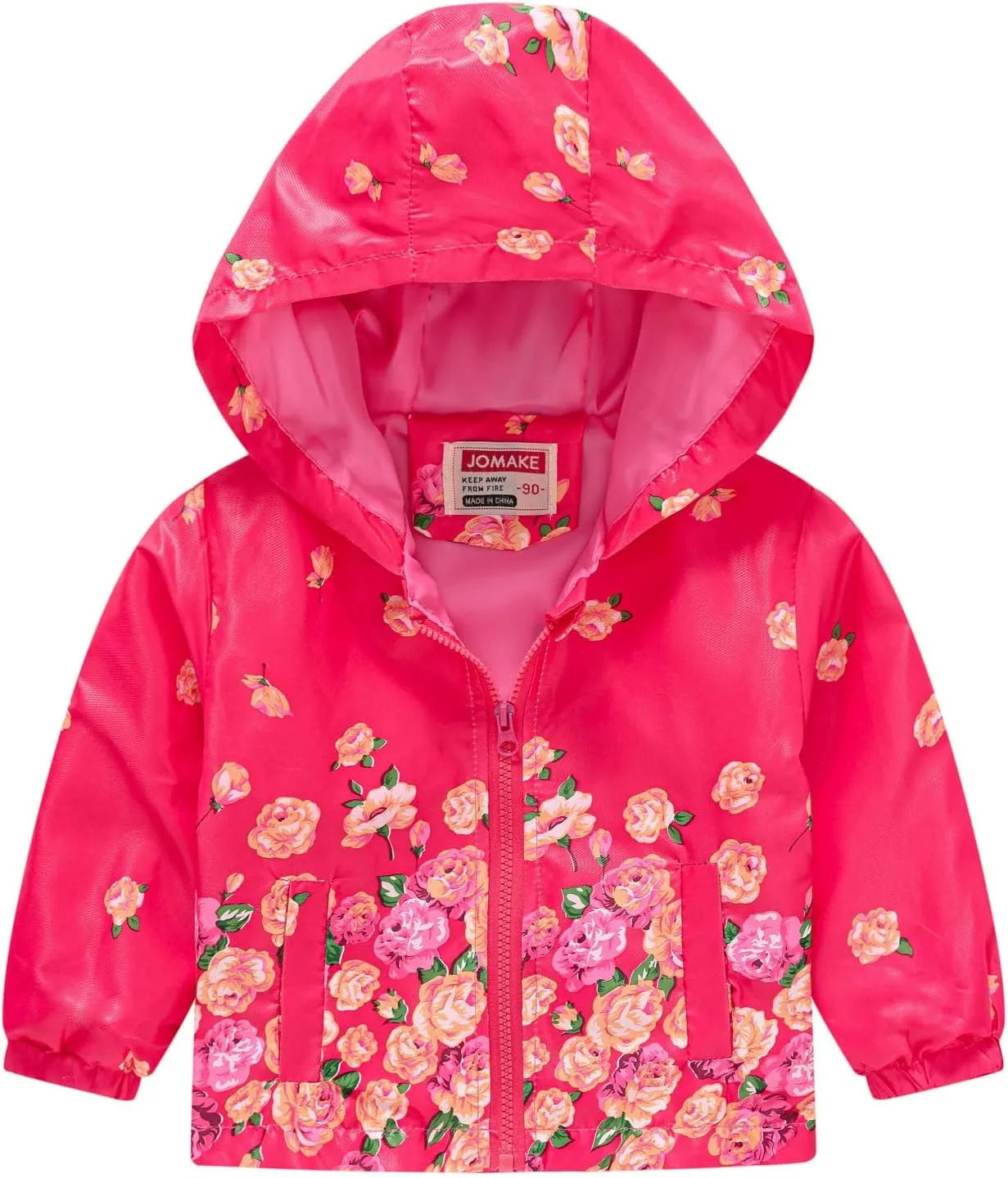 Toddler Girls Boys Flower Print Zip Hooded Jacket Kids Trench Rain Jacket Outerwear Lightweight Windbreaker Coat