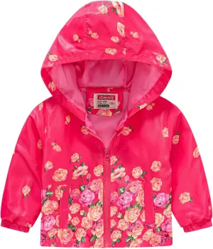 Toddler Girls Boys Flower Print Zip Hooded Jacket Kids Trench Rain Jacket Outerwear Lightweight Windbreaker Coat