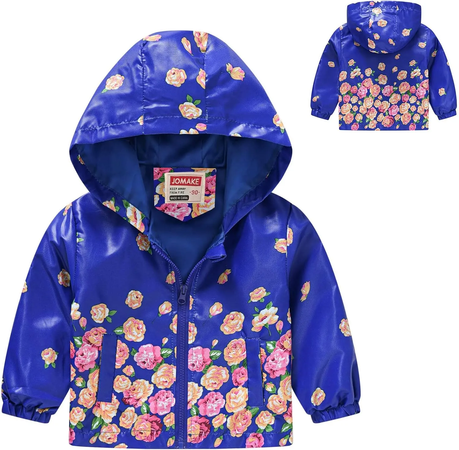 Toddler Girls Boys Flower Print Zip Hooded Jacket Kids Trench Rain Jacket Outerwear Lightweight Windbreaker Coat