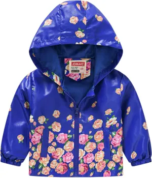Toddler Girls Boys Flower Print Zip Hooded Jacket Kids Trench Rain Jacket Outerwear Lightweight Windbreaker Coat