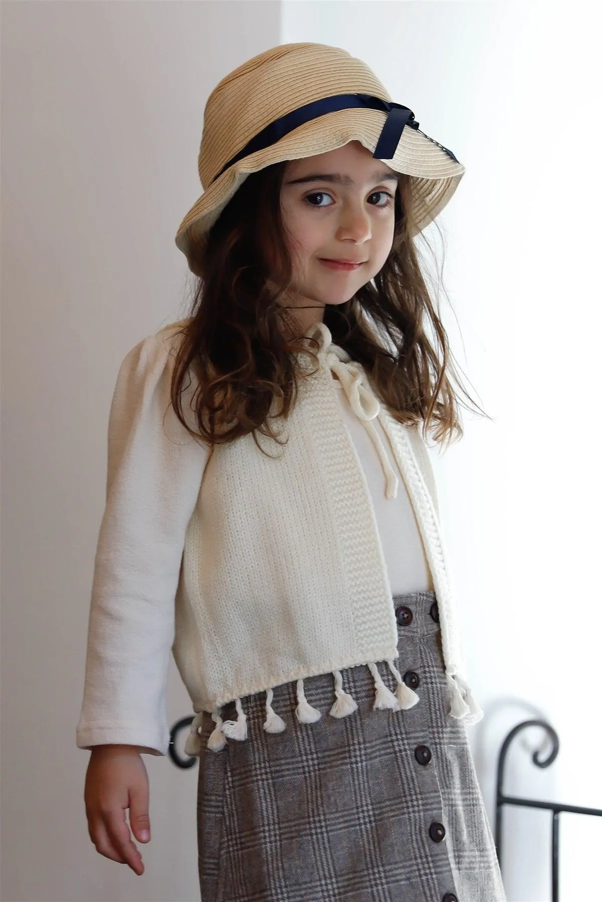 Toddler Girls Cream Knit Hem Detail Self-Tie Vest /2-2-2
