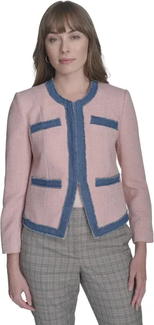 Tommy Hilfiger Women's Collarless Denim Drimmed Open Front Jacket