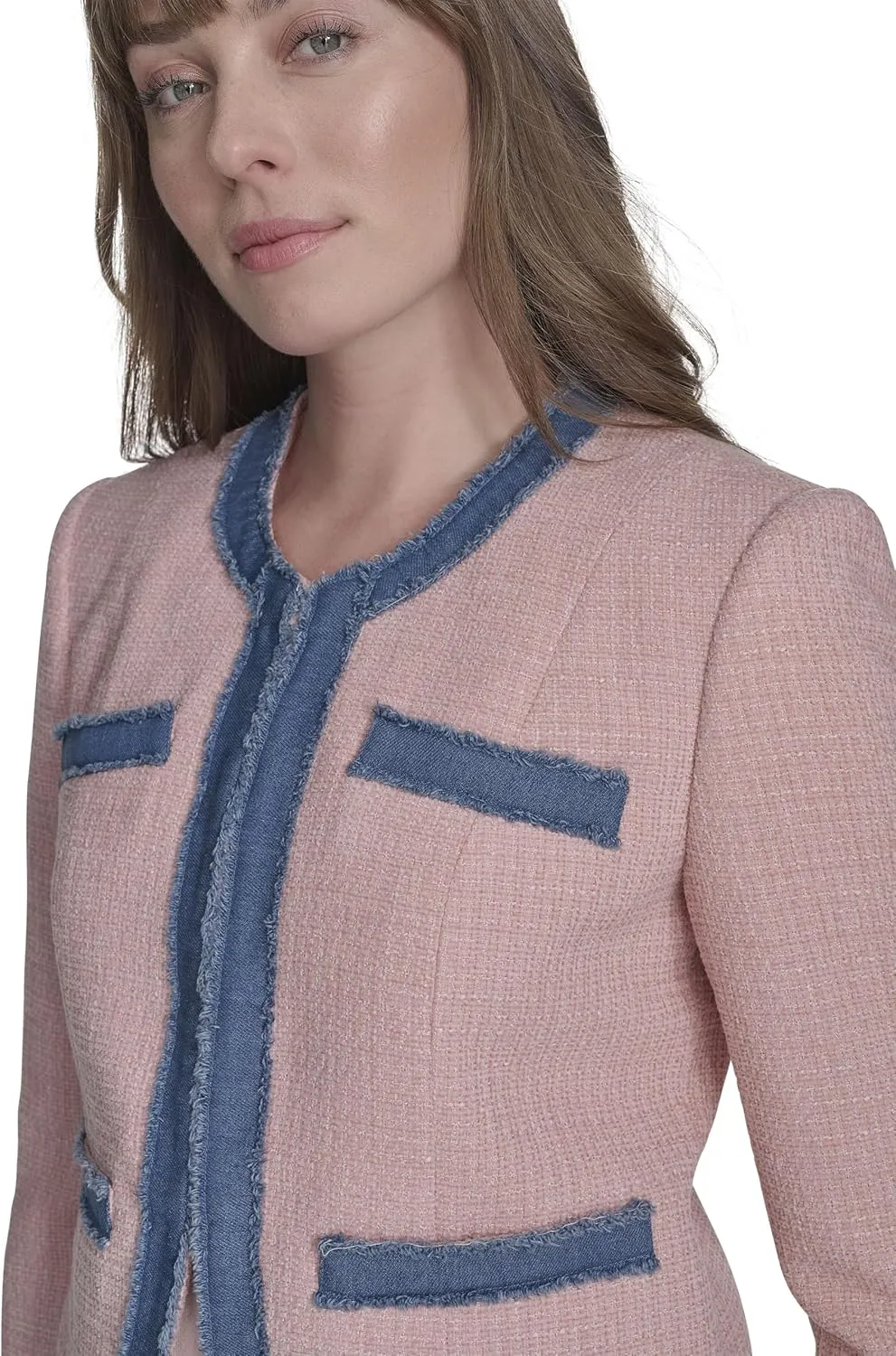 Tommy Hilfiger Women's Collarless Denim Drimmed Open Front Jacket