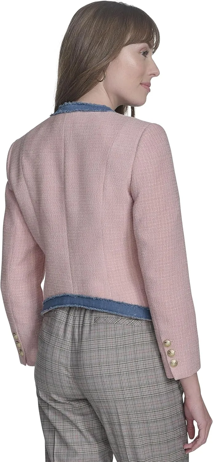 Tommy Hilfiger Women's Collarless Denim Drimmed Open Front Jacket