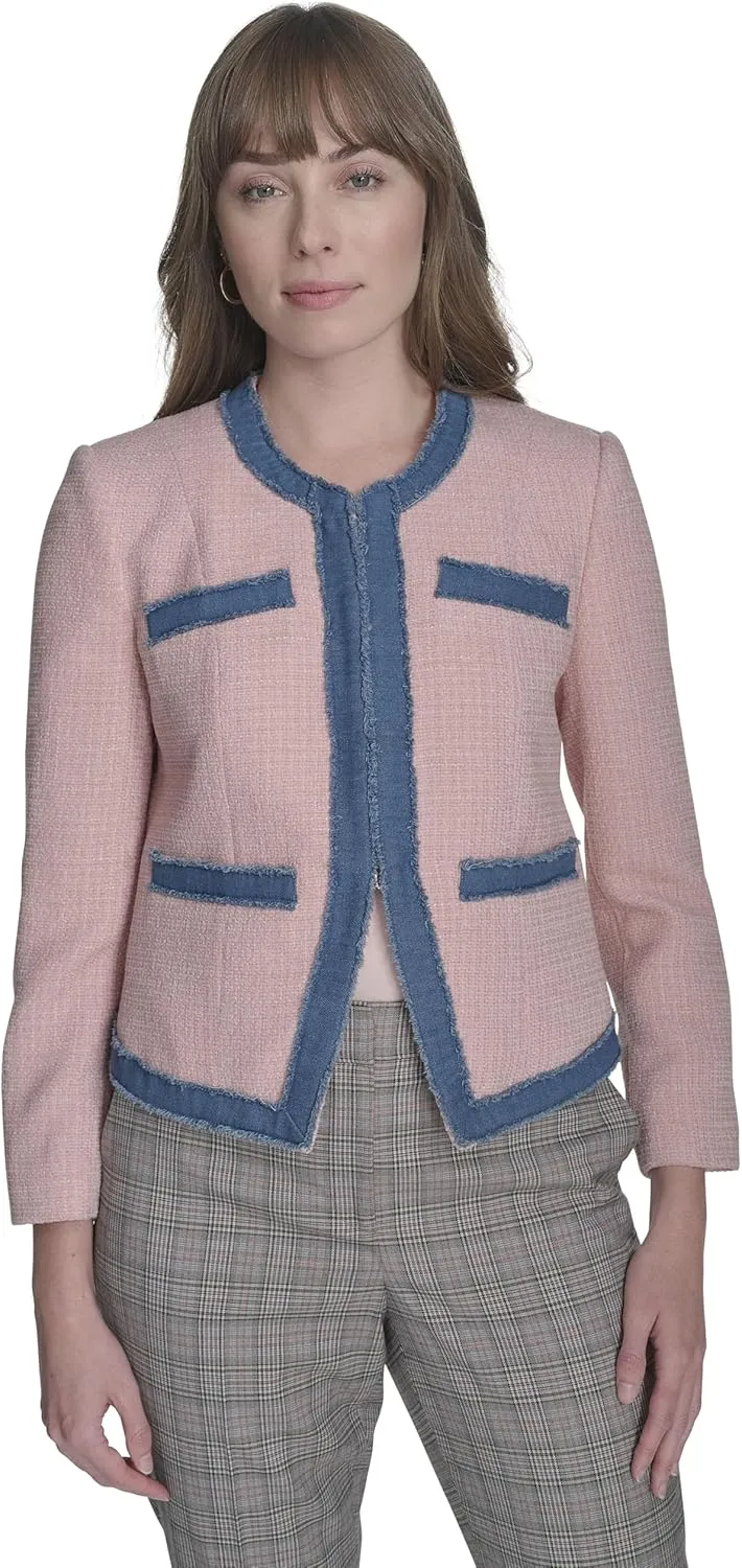 Tommy Hilfiger Women's Collarless Denim Drimmed Open Front Jacket