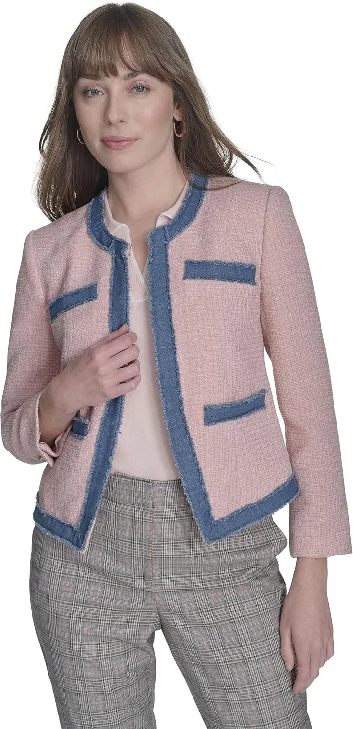 Tommy Hilfiger Women's Collarless Denim Drimmed Open Front Jacket