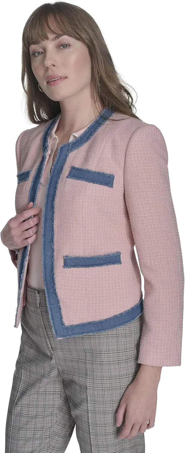 Tommy Hilfiger Women's Collarless Denim Drimmed Open Front Jacket