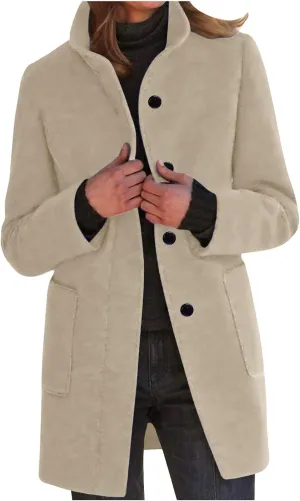Trench Coat for Women Wool Blend Casual Coat Single Breasted Stand Collar Slim Fit Dressy Jackets with Pockets