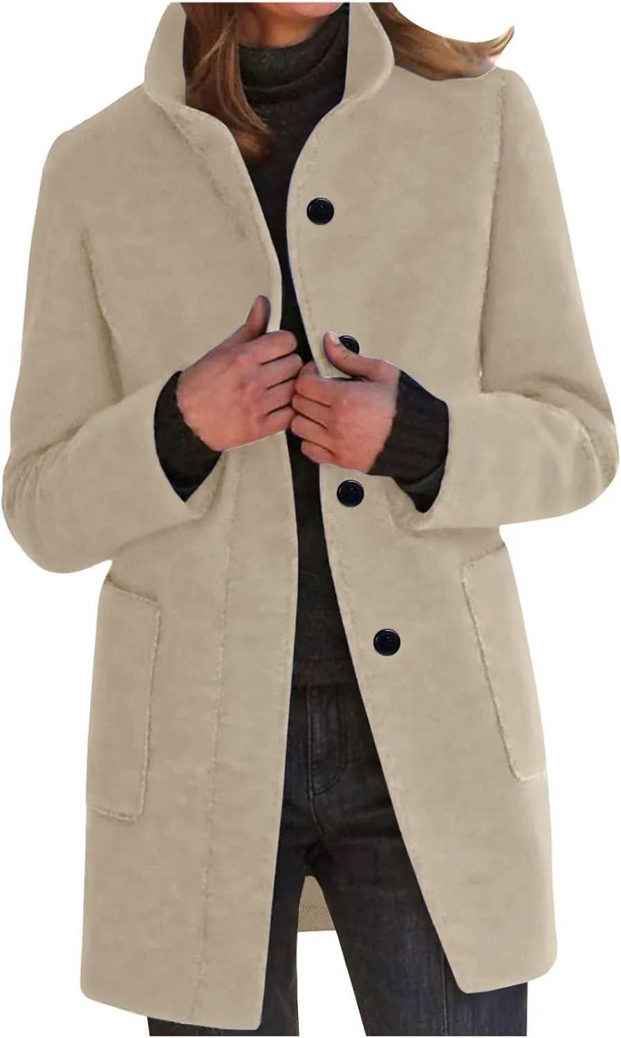 Trench Coat for Women Wool Blend Casual Coat Single Breasted Stand Collar Slim Fit Dressy Jackets with Pockets