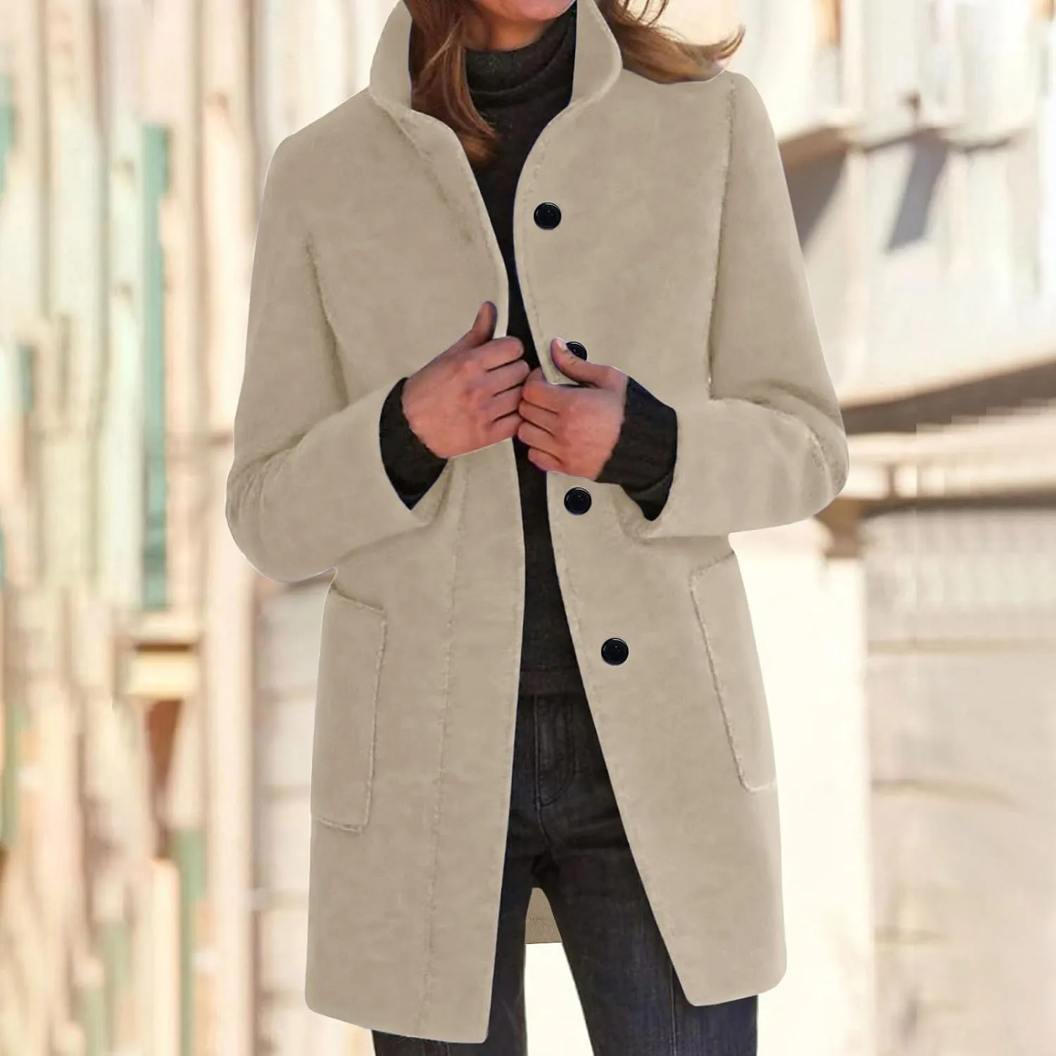Trench Coat for Women Wool Blend Casual Coat Single Breasted Stand Collar Slim Fit Dressy Jackets with Pockets