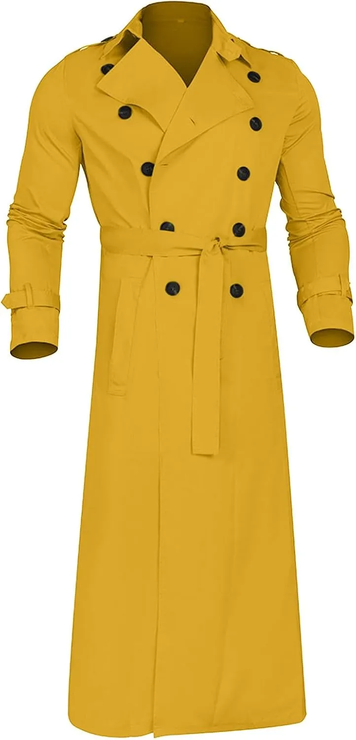 Trench Coats for Men Fall Long Jackets Double Breasted Overcoat Long Sleeve Tops Casual Business Outerwear with Pocket