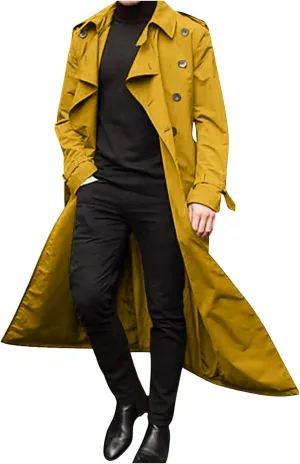 Trench Coats for Men Fall Long Jackets Double Breasted Overcoat Long Sleeve Tops Casual Business Outerwear with Pocket