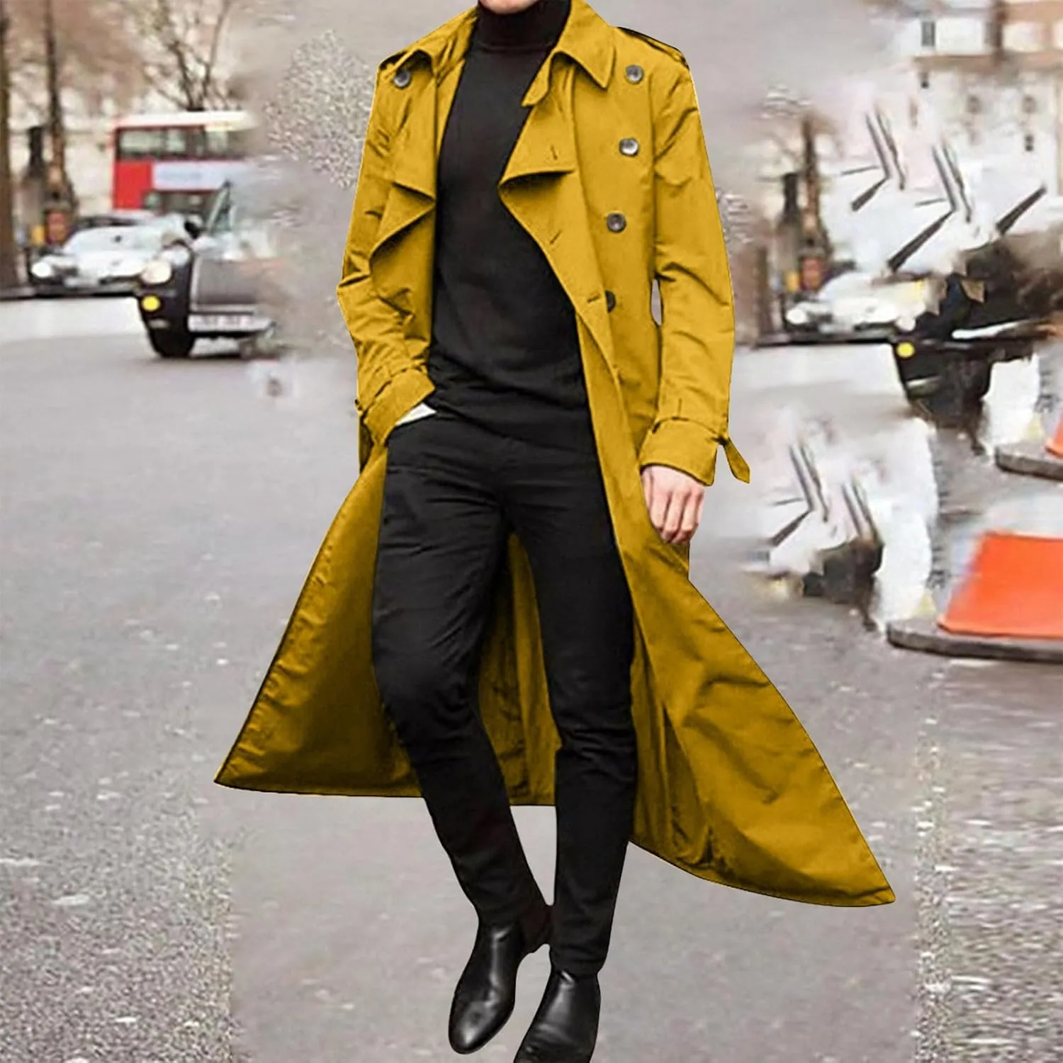 Trench Coats for Men Fall Long Jackets Double Breasted Overcoat Long Sleeve Tops Casual Business Outerwear with Pocket