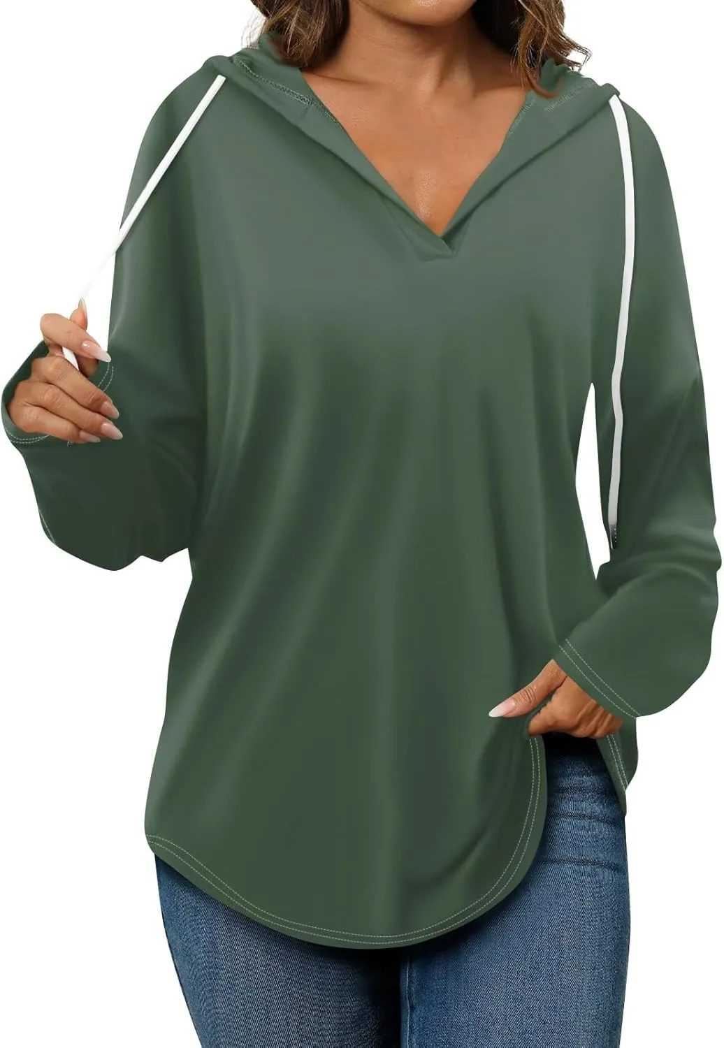 Trendy Hoodie for Women 2024 V Neck Sweatshirt Oversized Long Sleeve Pullover Outfit Drawstring Casual Outwear