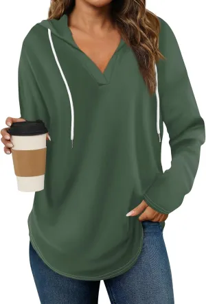 Trendy Hoodie for Women 2024 V Neck Sweatshirt Oversized Long Sleeve Pullover Outfit Drawstring Casual Outwear