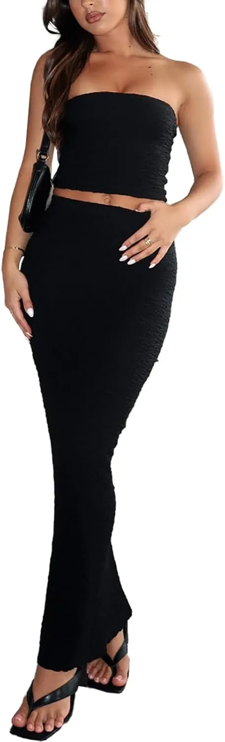 Two Piece Skirt Outfits for Women Sleeveless Tube Tops Bodycon Sexy Maxi Dress 2 Piece Summer Y2K Vacation Set