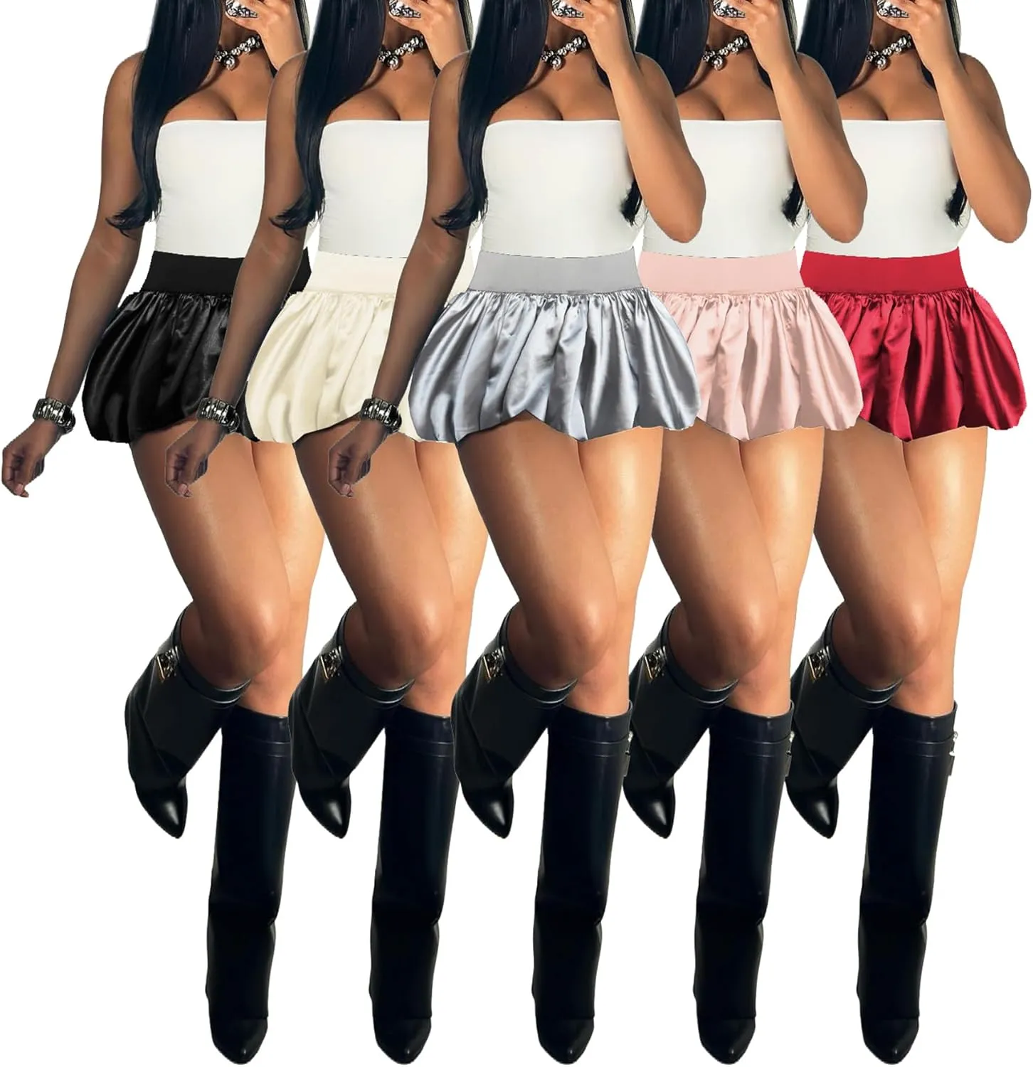 Unybwonn Women Bubble Skirt Metallic Satin Ruffle Puffy Balloon Mini Skirts High Waist Pleated Cute Flared Short Skirt
