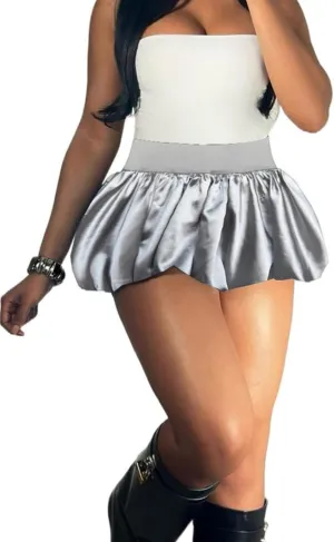 Unybwonn Women Bubble Skirt Metallic Satin Ruffle Puffy Balloon Mini Skirts High Waist Pleated Cute Flared Short Skirt