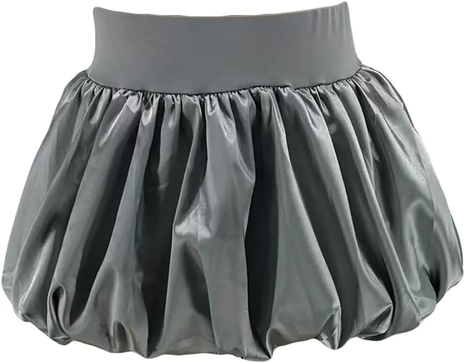 Unybwonn Women Bubble Skirt Metallic Satin Ruffle Puffy Balloon Mini Skirts High Waist Pleated Cute Flared Short Skirt