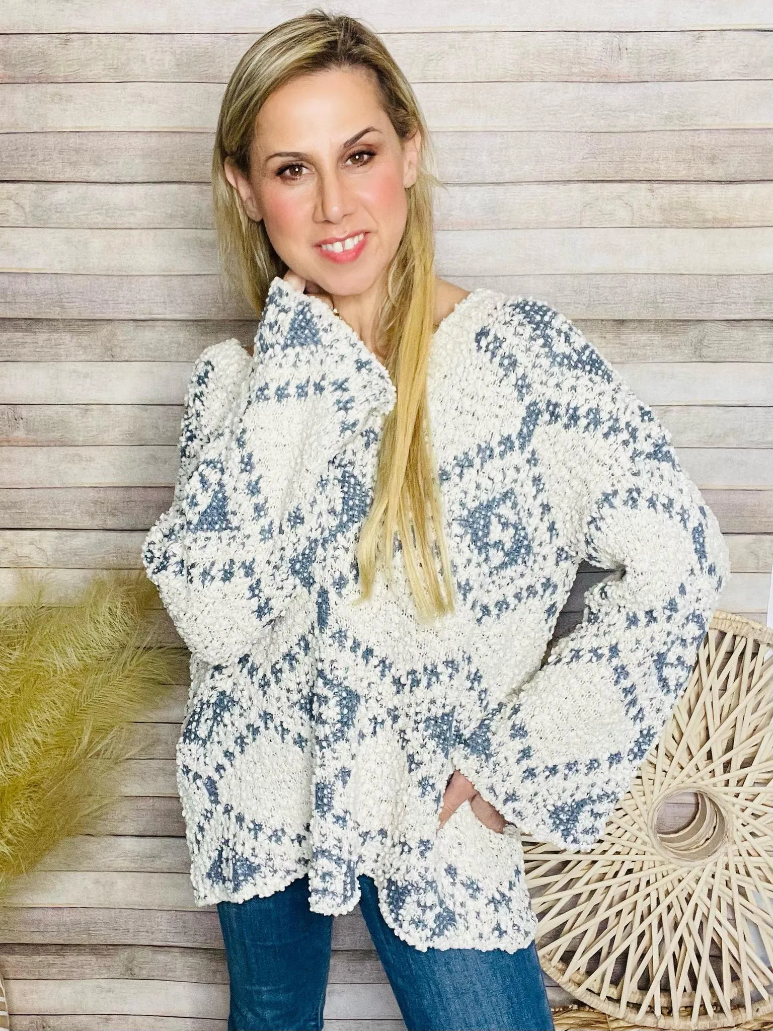 V Neck Cream Blue Knit Sweater