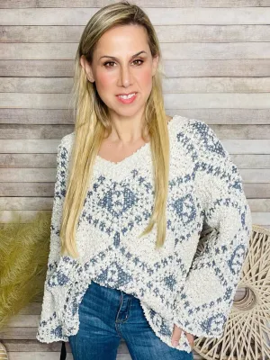 V Neck Cream Blue Knit Sweater