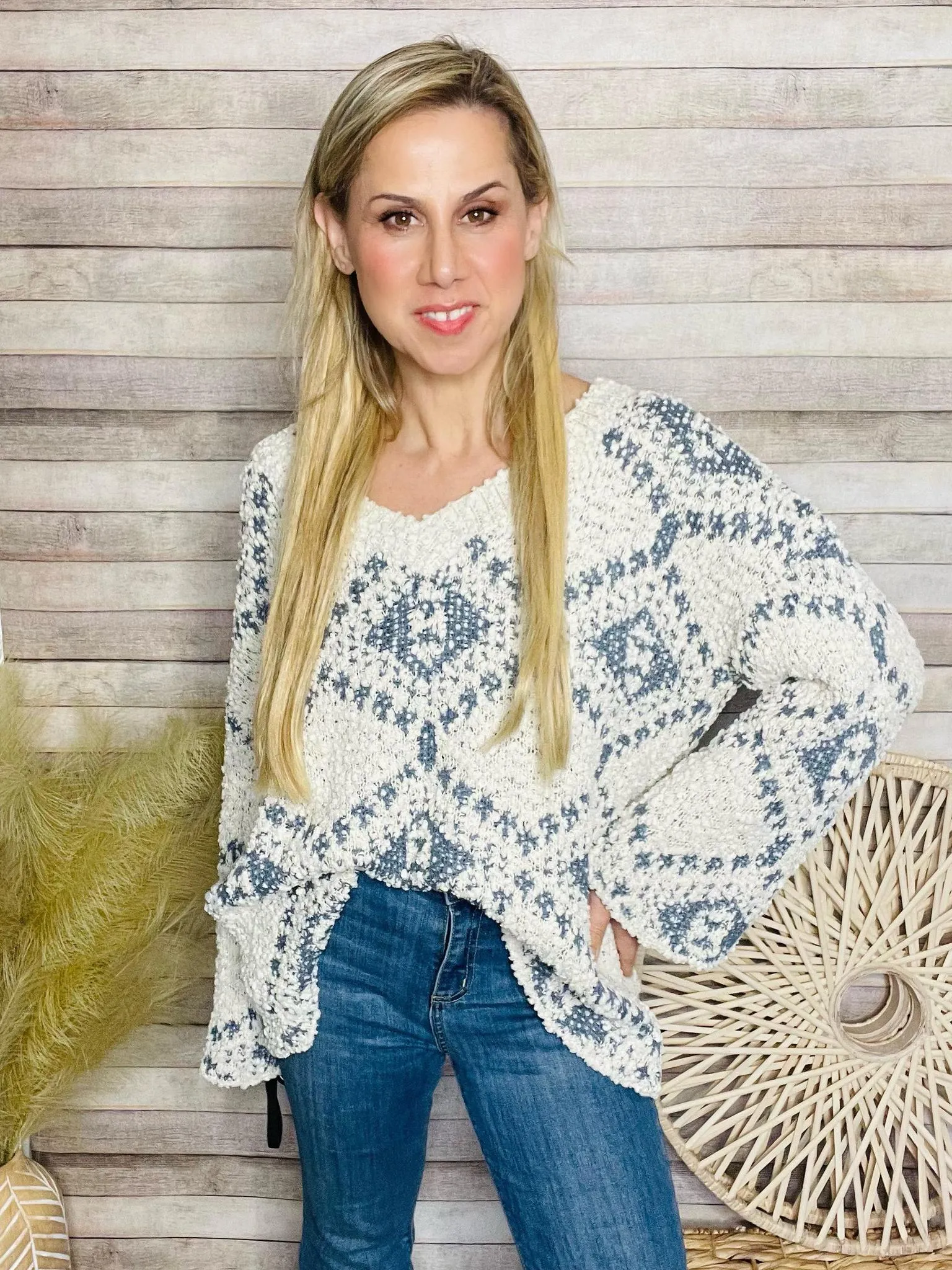 V Neck Cream Blue Knit Sweater