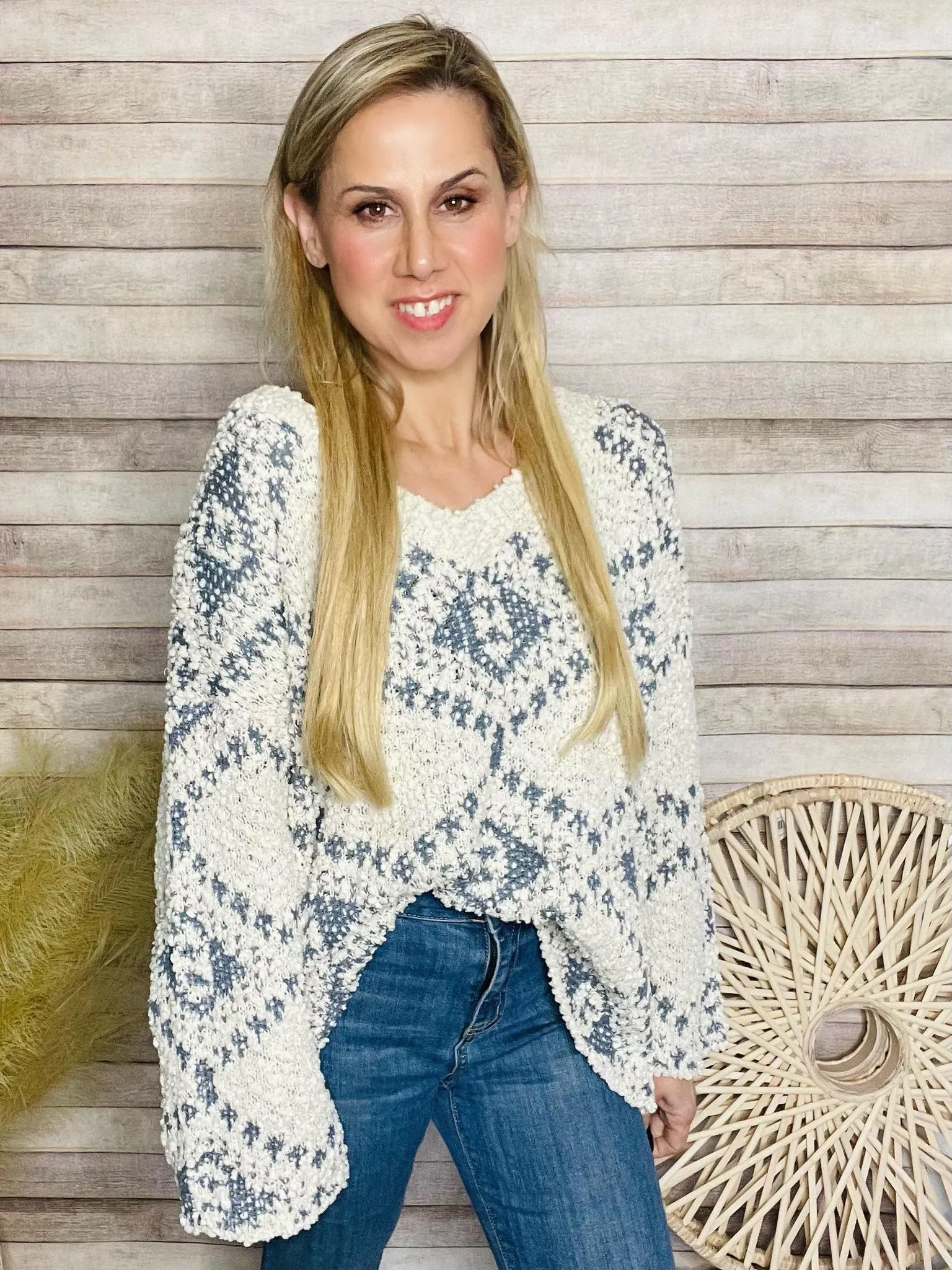 V Neck Cream Blue Knit Sweater