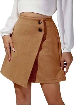 Vintage Suede Mini Skirt for Women Summer High Waist Casual Pencil Skirts Button Wrap Irregular Hem Short Skirt