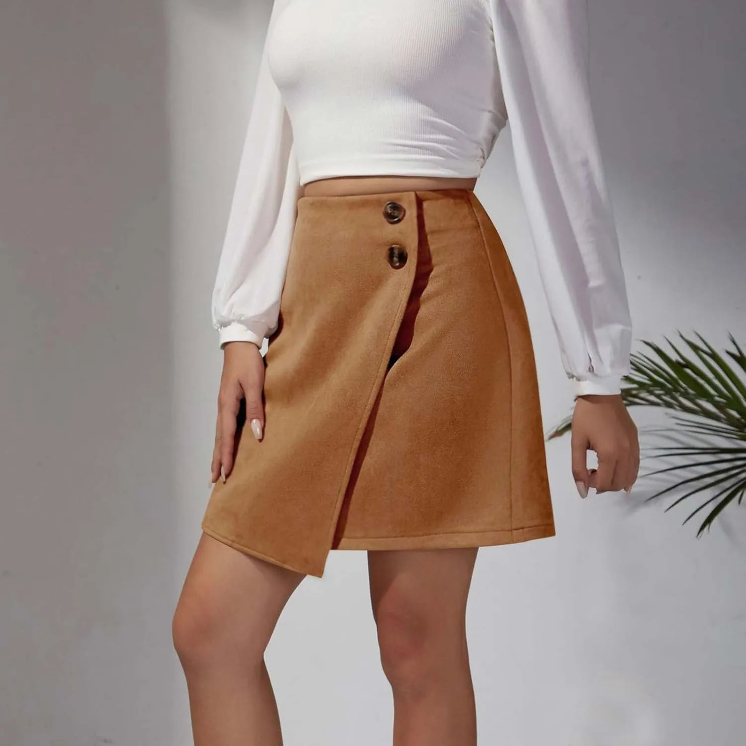 Vintage Suede Mini Skirt for Women Summer High Waist Casual Pencil Skirts Button Wrap Irregular Hem Short Skirt