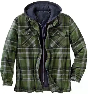 WANZZXCSL Men's Fashion Casual Men's Quilted Lined Button Down Plaid Shirt Add Velvet to Keep Warm Jacket with Hood