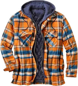 WANZZXCSL Men's Fashion Casual Men's Quilted Lined Button Down Plaid Shirt Add Velvet to Keep Warm Jacket with Hood
