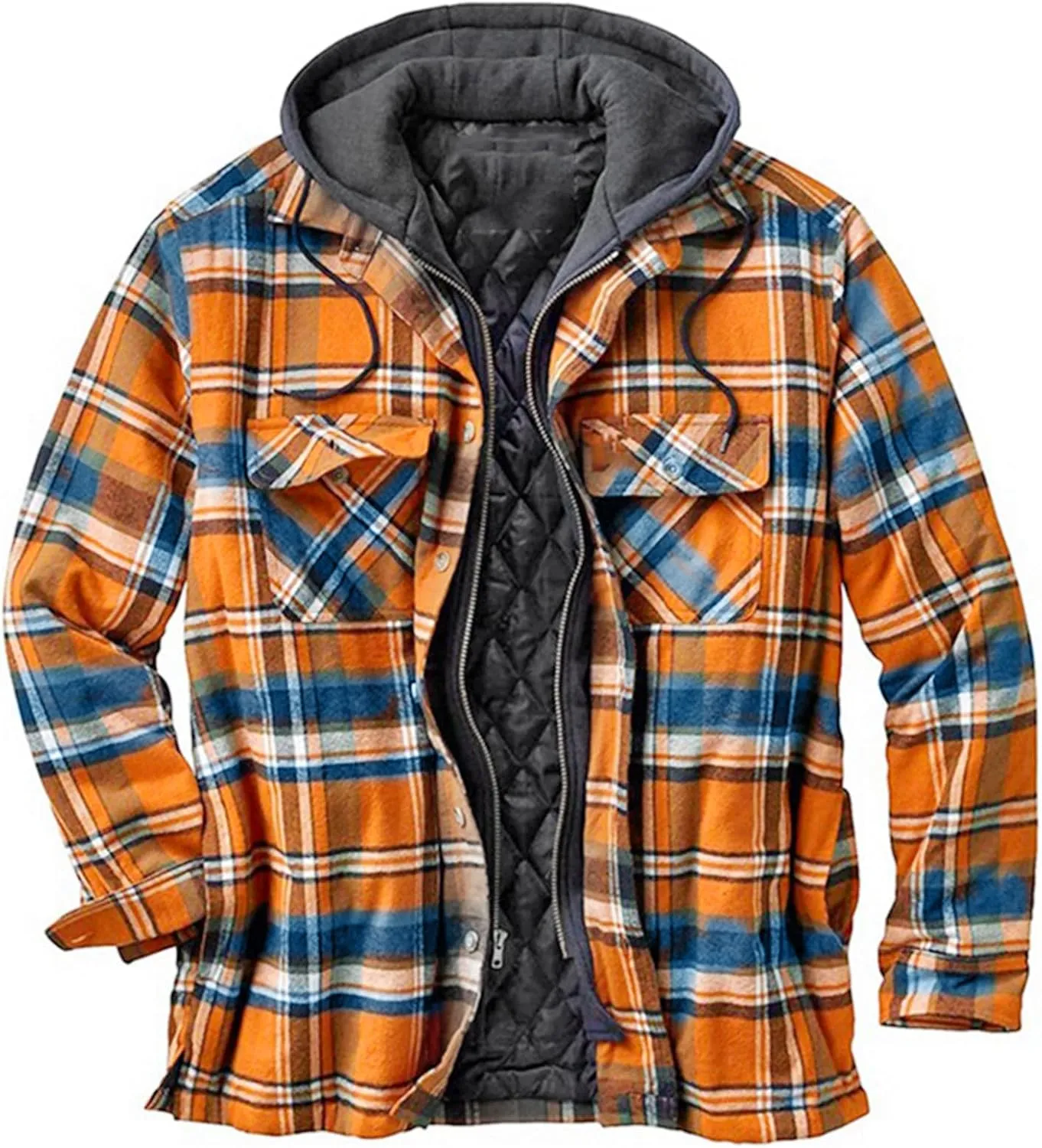 WANZZXCSL Men's Fashion Casual Men's Quilted Lined Button Down Plaid Shirt Add Velvet to Keep Warm Jacket with Hood