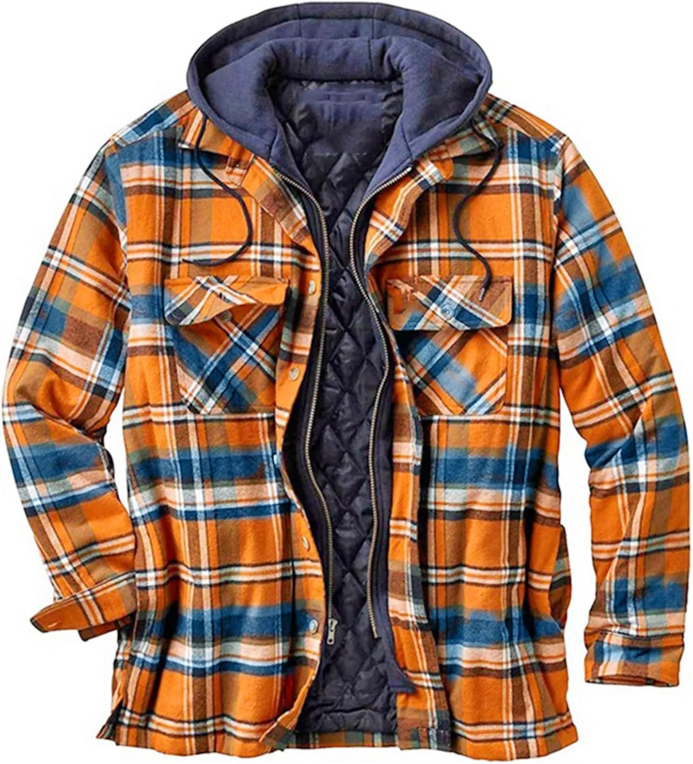 WANZZXCSL Men's Fashion Casual Men's Quilted Lined Button Down Plaid Shirt Add Velvet to Keep Warm Jacket with Hood