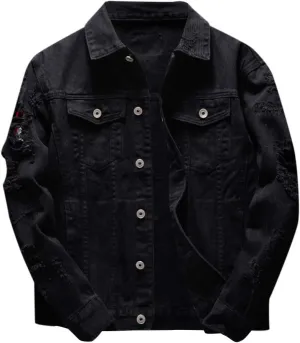 WENKOMG1 Ripped Denim Jacket for Men Hipster Style Autumn Long Sleeve Top Urban Outerwear