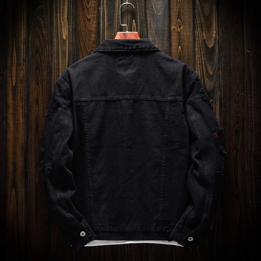 WENKOMG1 Ripped Denim Jacket for Men Hipster Style Autumn Long Sleeve Top Urban Outerwear