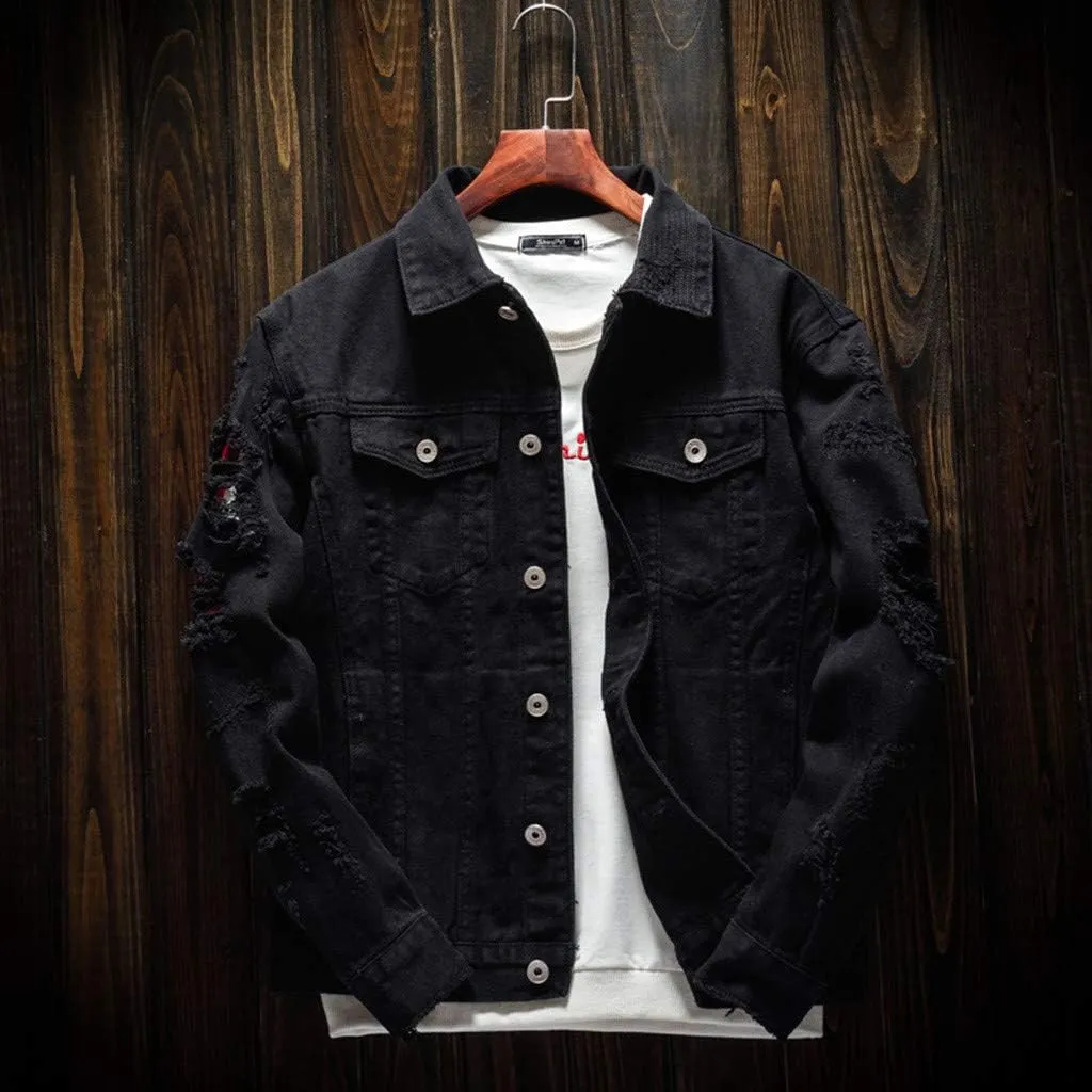 WENKOMG1 Ripped Denim Jacket for Men Hipster Style Autumn Long Sleeve Top Urban Outerwear