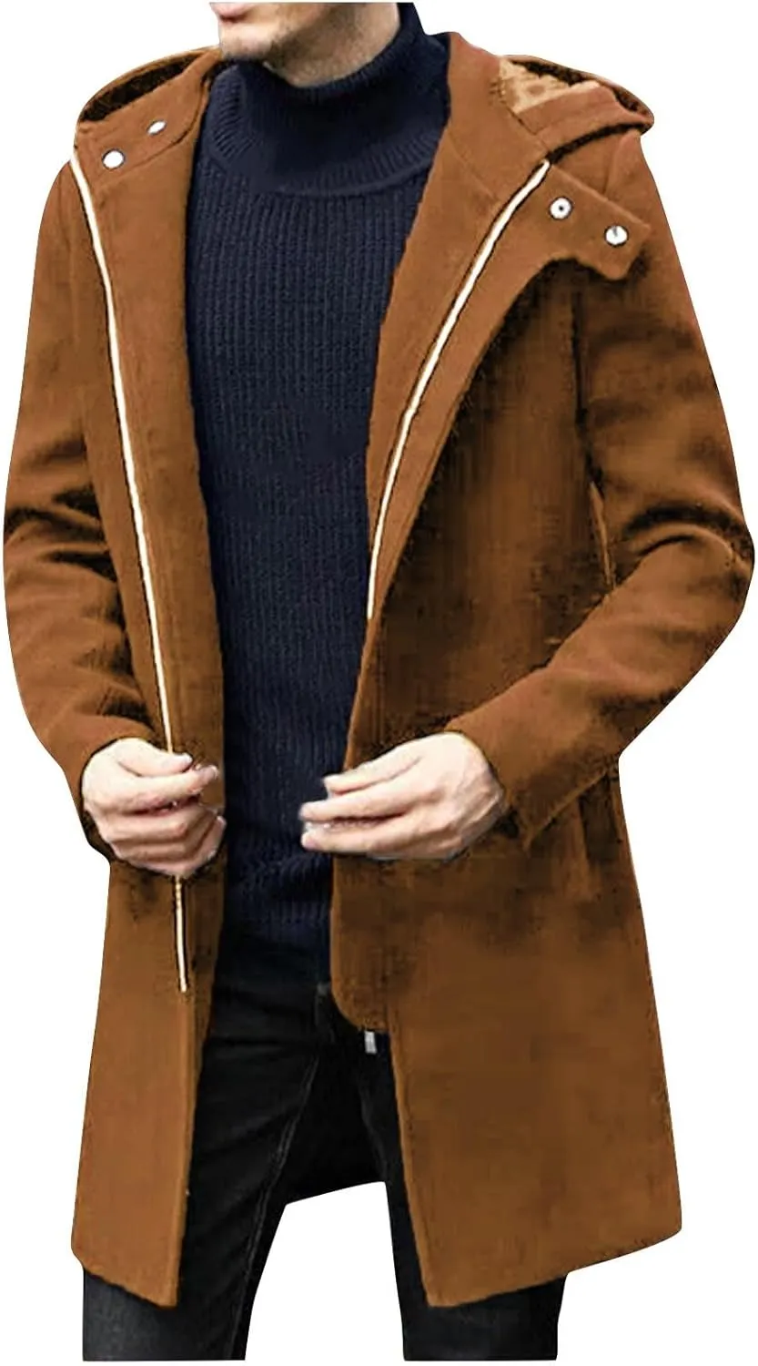 Winter Jackets for Men Long Trench Coat Zip Up Jacket with Hood Wool Blend Peacoat Warm Thick Outerwear 2024