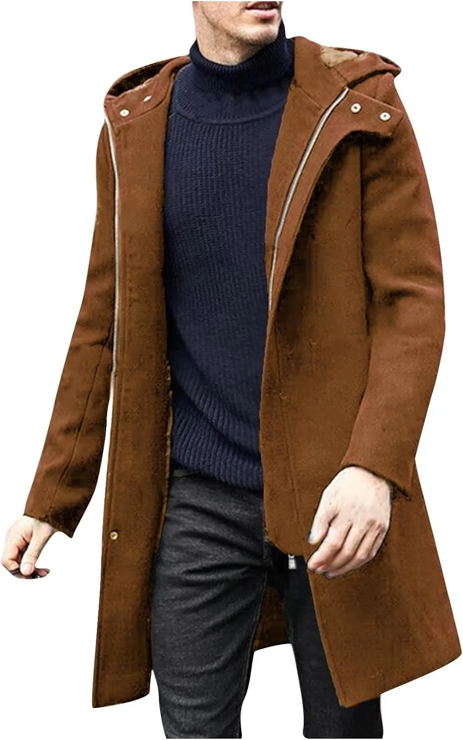 Winter Jackets for Men Long Trench Coat Zip Up Jacket with Hood Wool Blend Peacoat Warm Thick Outerwear 2024