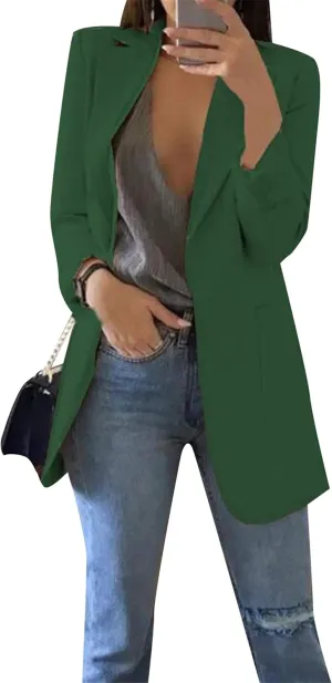 WIWIQS Women Blazer Lapel Solid Color Casual Loose Office Coat with Pockets Long Sleeve Slim Work Jacket