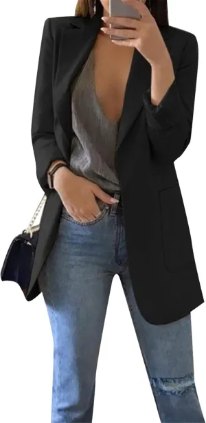 WIWIQS Women Blazer Lapel Solid Color Casual Loose Office Coat with Pockets Long Sleeve Slim Work Jacket