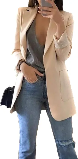 WIWIQS Women Blazer Lapel Solid Color Casual Loose Office Coat with Pockets Long Sleeve Slim Work Jacket