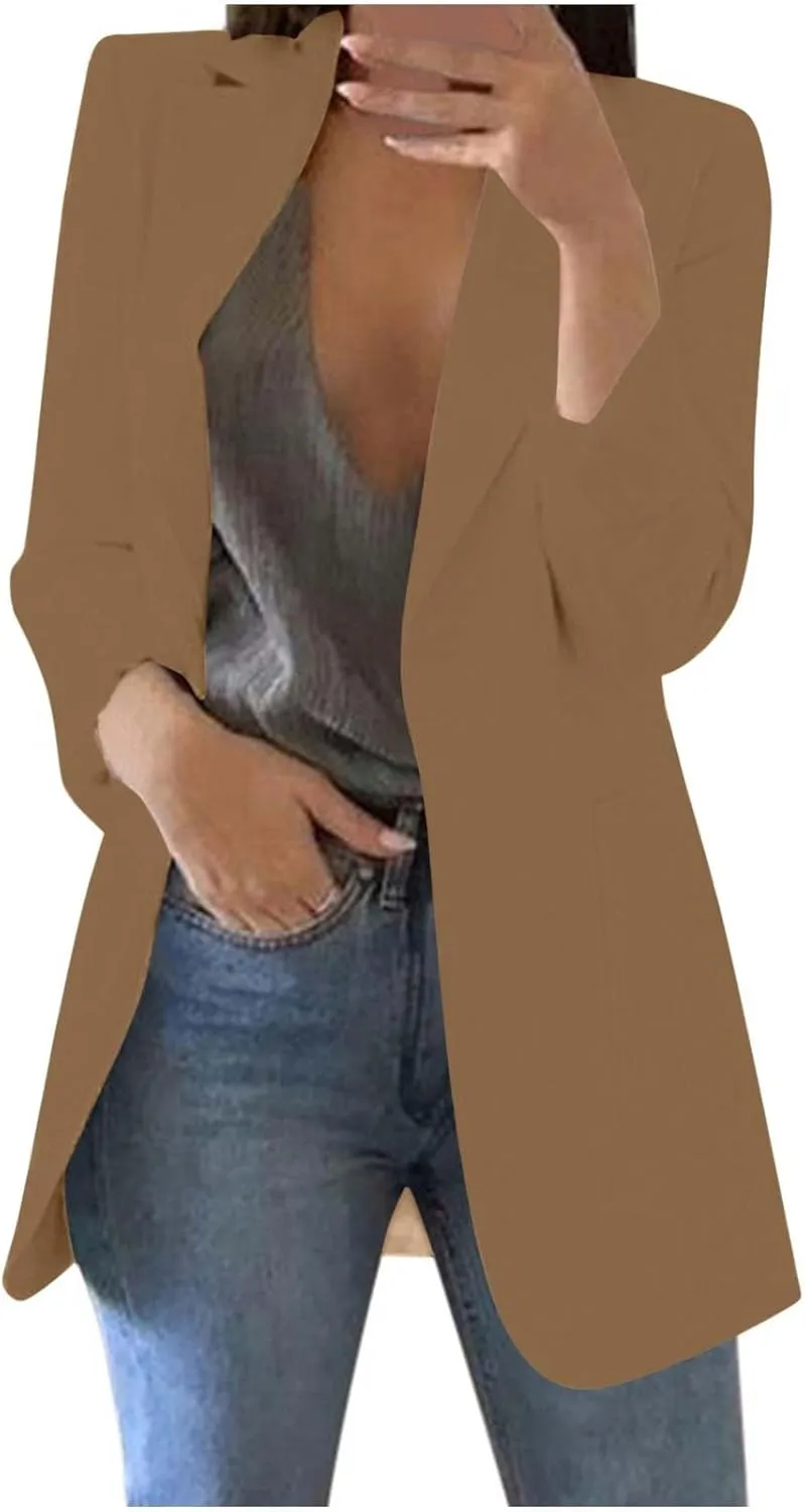 Wkishenl Oversized Blazers for Women Trendy Long Sleeve Cardigan Coats Plus Size Solid Color Open Front Jackets Business Suit