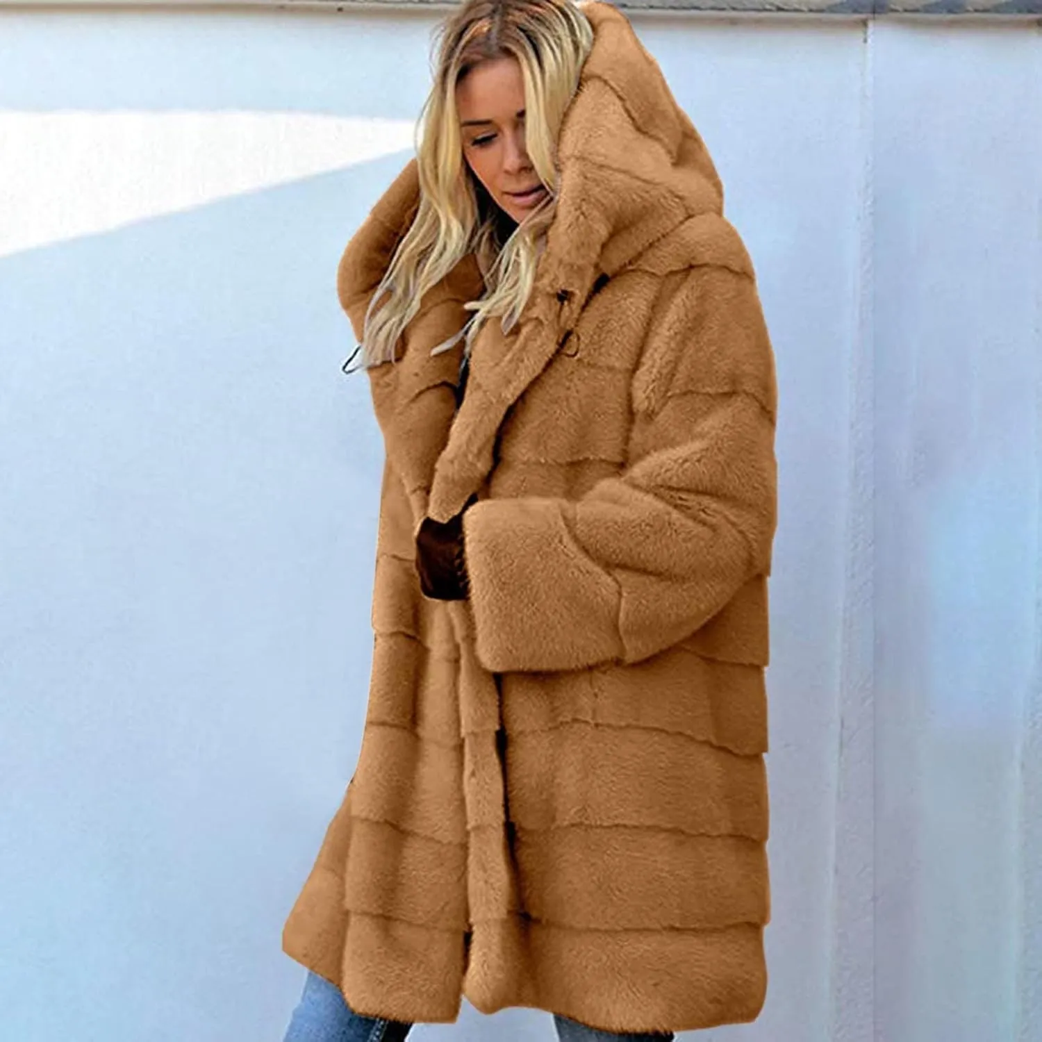 Wkishenl Plus Size Faux Fur Coat for Women Fluffy Fuzzy Shaggy Trench Coat Winter Warm Jacket Long Sleeve Outerwear with Hood