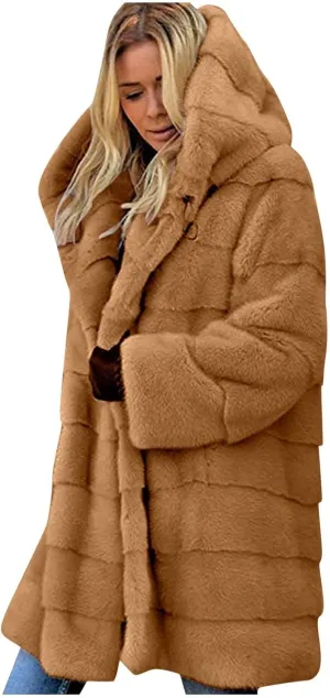Wkishenl Plus Size Faux Fur Coat for Women Fluffy Fuzzy Shaggy Trench Coat Winter Warm Jacket Long Sleeve Outerwear with Hood