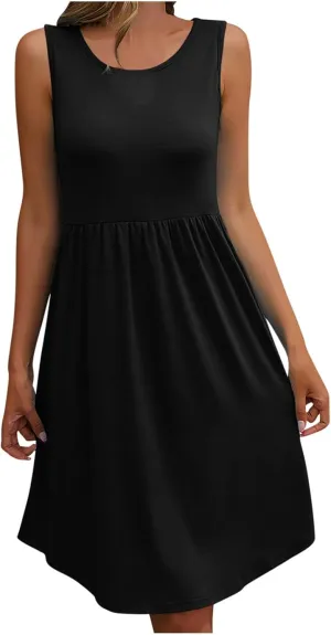 Wkishenl Summer Dresses for Women 2024 Sexy Lace Patchwork V-Neck Dress Solid Sleeveless Smocked Waist Knee-Length Midi Dress