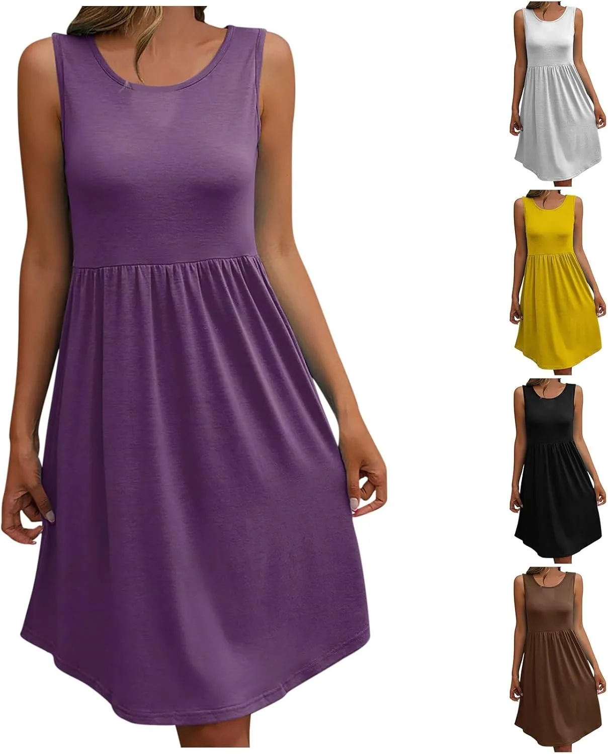 Wkishenl Summer Dresses for Women 2024 Sexy Lace Patchwork V-Neck Dress Solid Sleeveless Smocked Waist Knee-Length Midi Dress