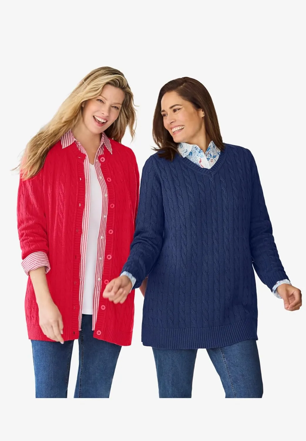 Woman Within Plus Size Cotton Cable Knit Cardigan Sweater