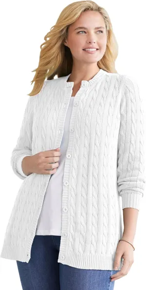 Woman Within Plus Size Cotton Cable Knit Cardigan Sweater