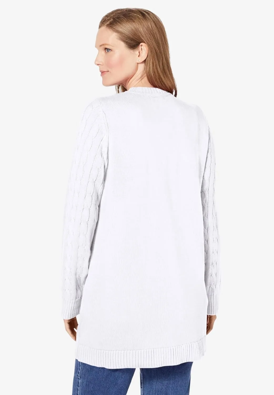 Woman Within Plus Size Cotton Cable Knit Cardigan Sweater